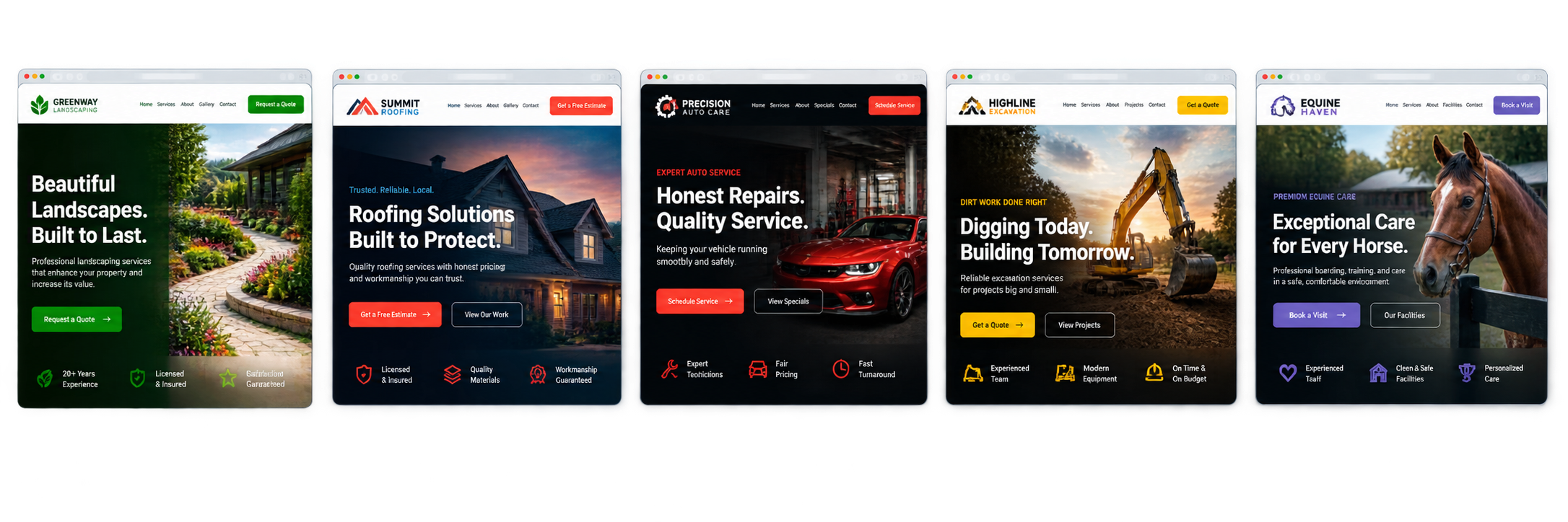 Demo website concepts for landscaping, roofing, auto care, excavation, and equine services